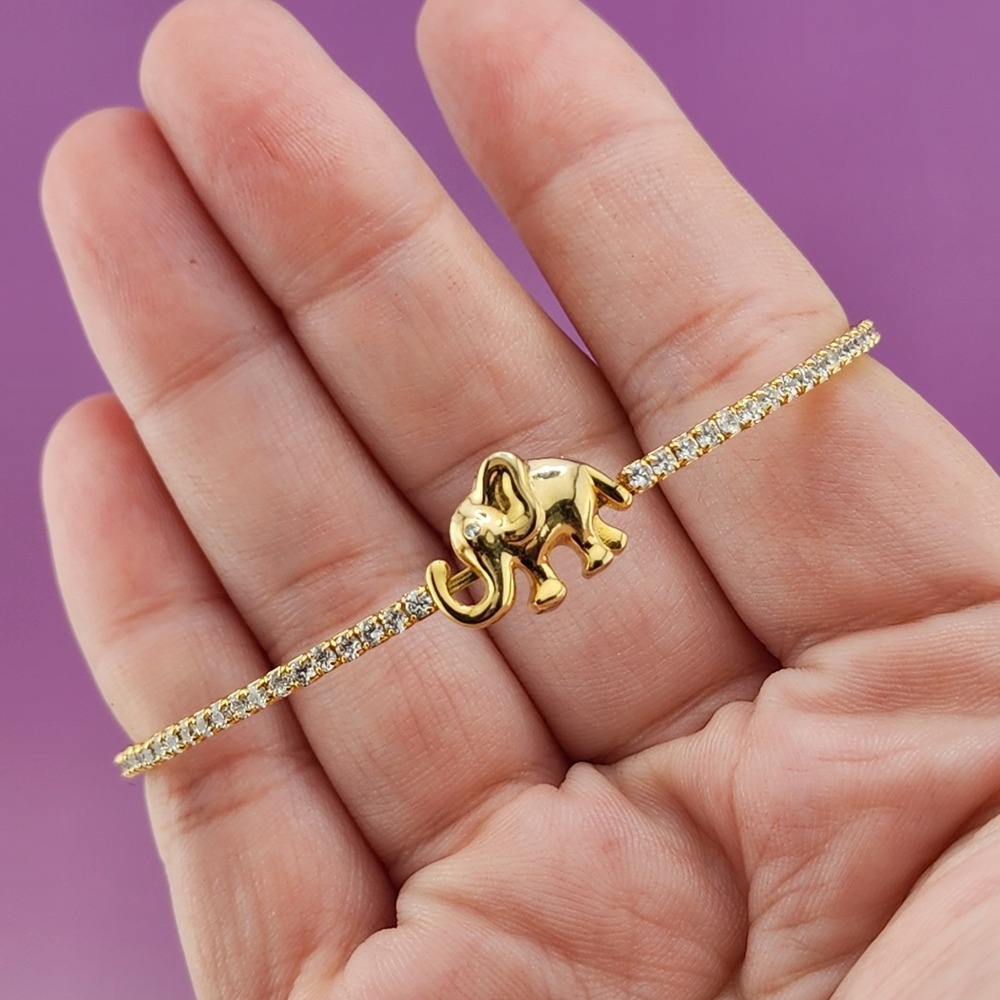 Gold Tone Elephant Rhinestone Tennis Bangle Bracelet Clear Crystal Statement
